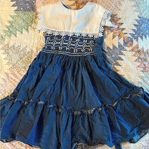 Polly Flinders smocked sleeveless navy polka dot square collar dress size 5